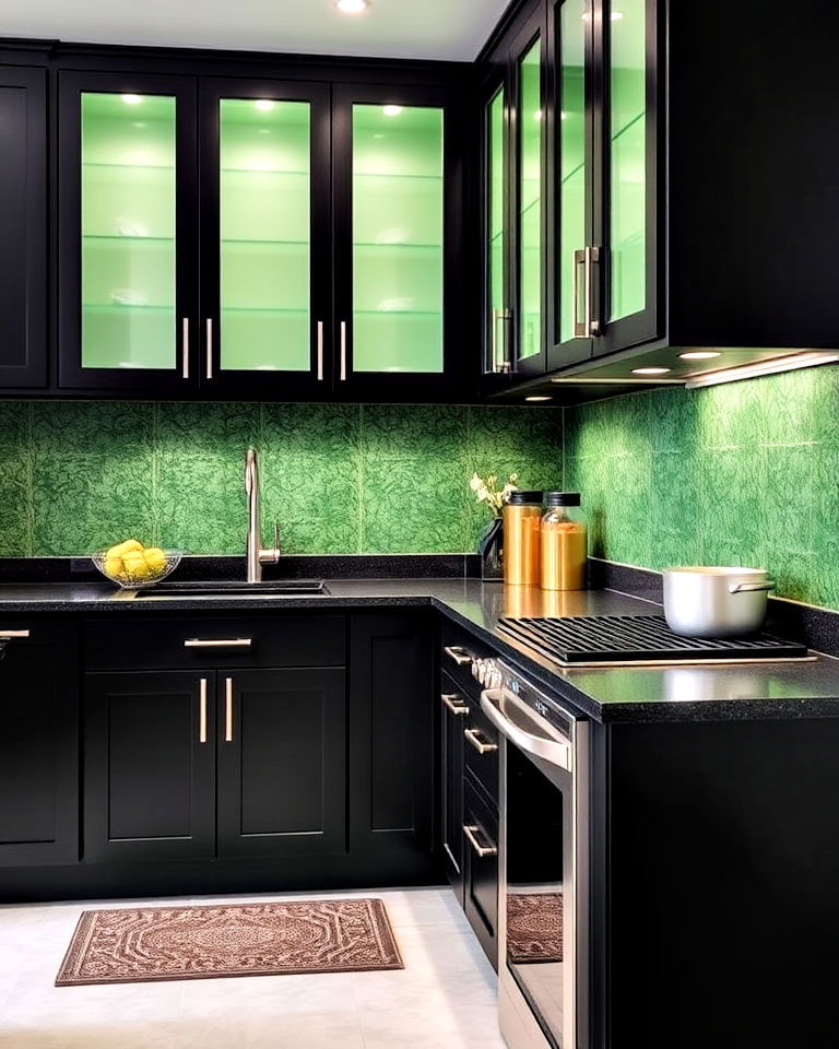 modern black cabinets with green glass inserts - 30 Black and Green Kitchen Ideas