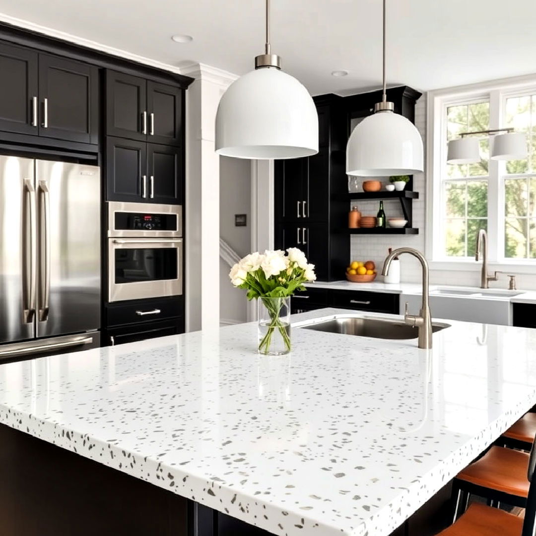 modern black cabinets with white terrazzo countertops - 15 Black Kitchen Cabinets With White Countertops