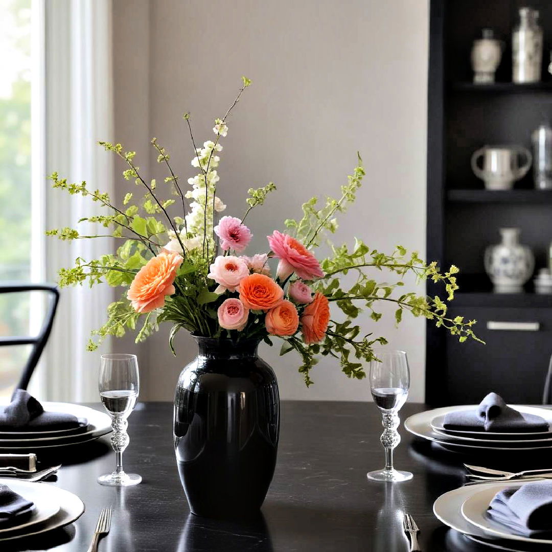 modern black ceramic vase - 30 Black Dining Room Ideas