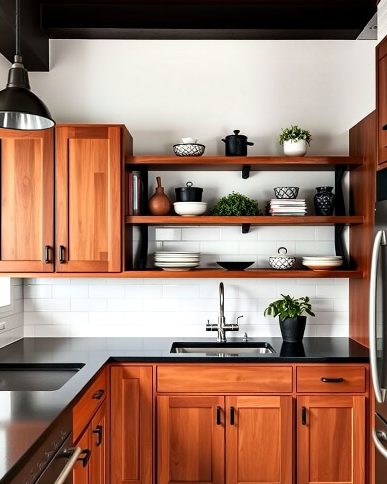 modern black countertops and open shelving - 20 Kitchen with Brown Cabinets and Black Countertops Ideas