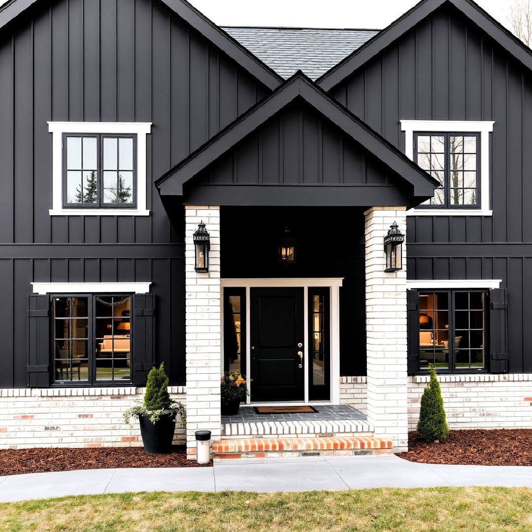 modern black exterior with white brick accents - 40 Black Modern Farmhouse Exterior Design Ideas