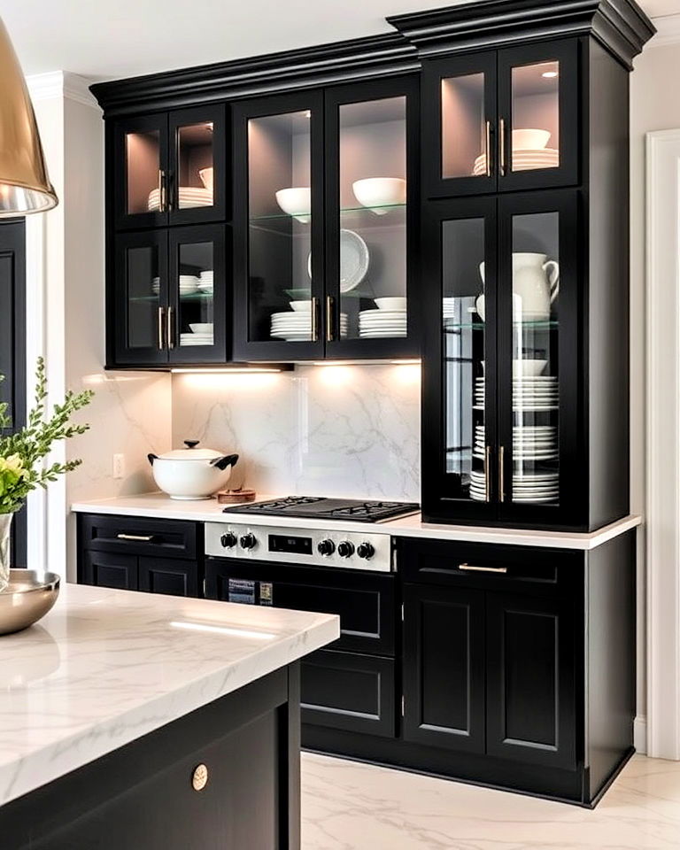 modern black glass front cabinets - 25 Dark Kitchen Ideas