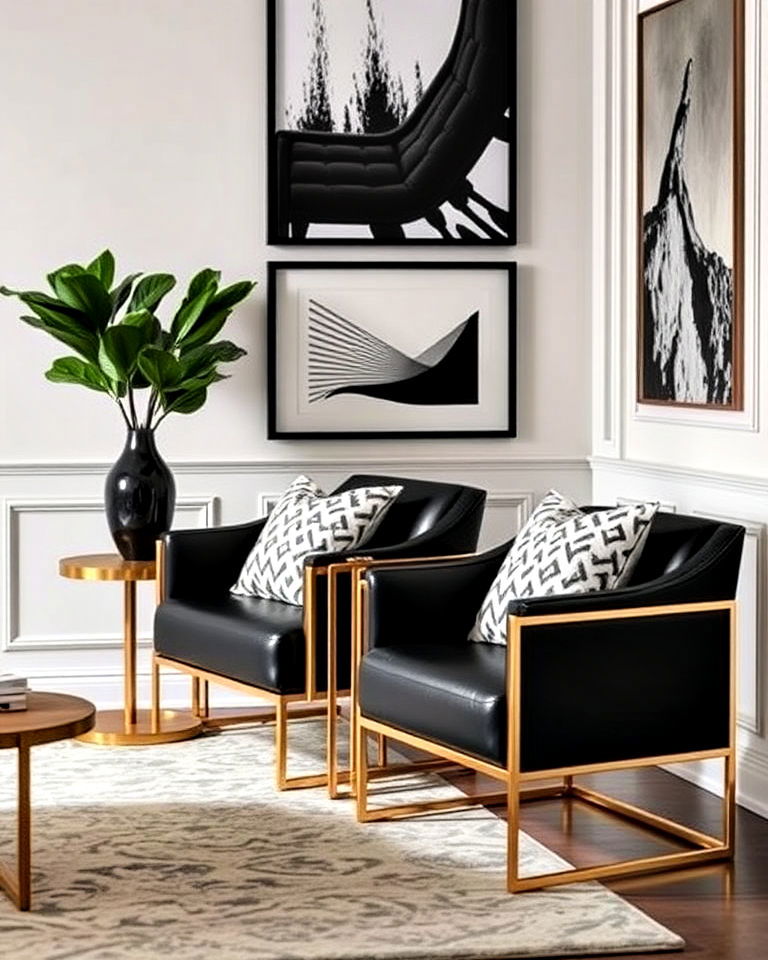 modern black leather armchairs with gold frames - 40 Black and Gold Living Room Ideas