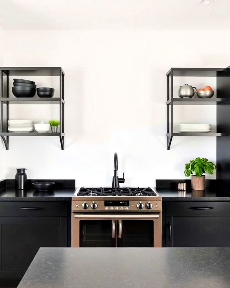 modern black open shelving - 25 Dark Kitchen Ideas