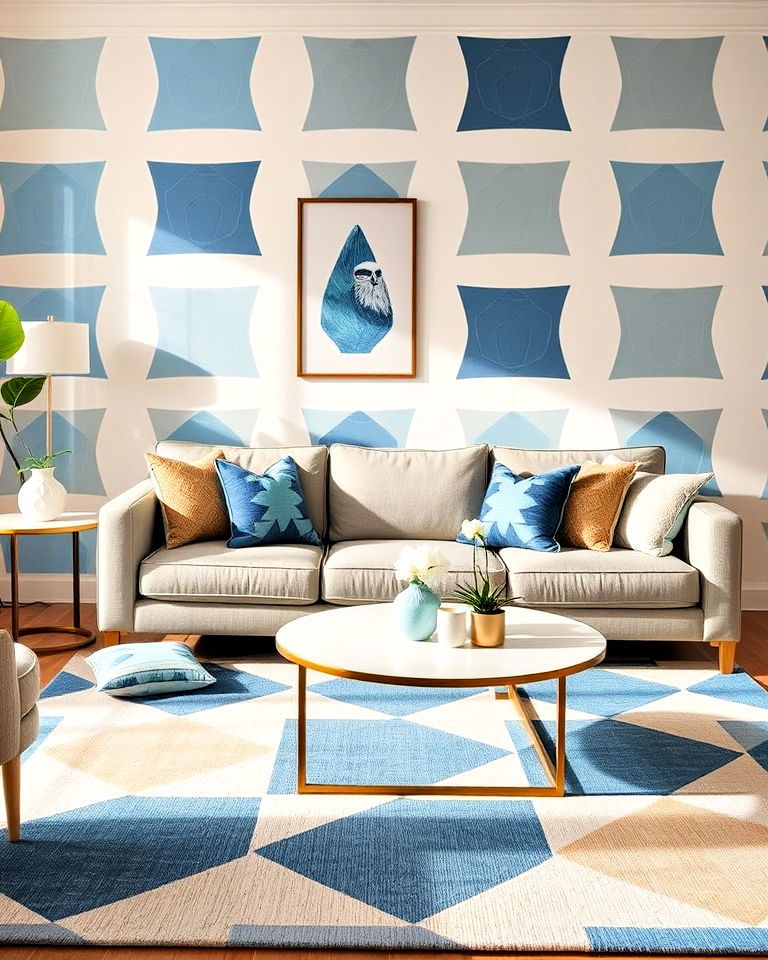 modern blue and beige geometric patterns - 20 Blue and Beige Living Room Ideas