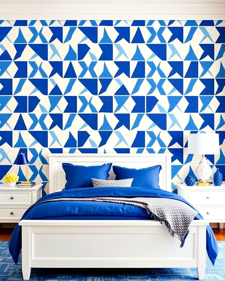 modern blue and white geometric wallpaper - 25 Blue and White Bedroom Ideas