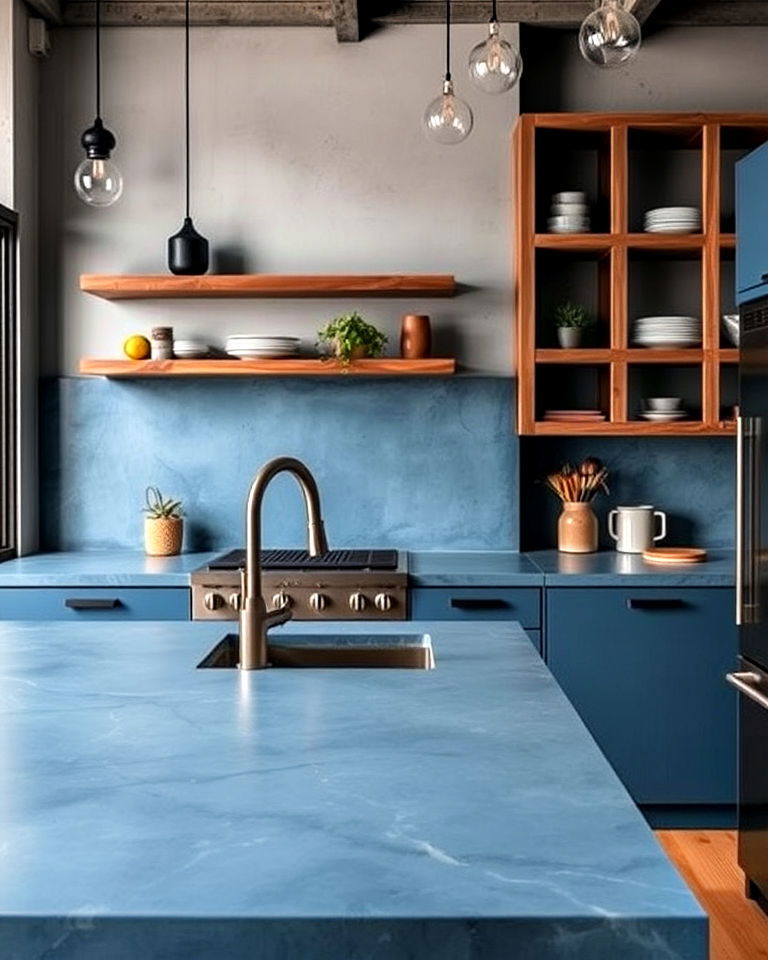 modern blue concrete countertops with open shelving - 20 Kitchens With Blue Countertops