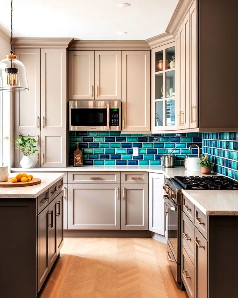 modern bold backsplash - 25 Taupe Kitchen Cabinet Ideas