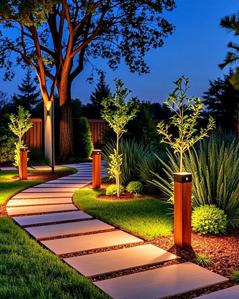 modern bollard lights for backyard walkway - 40 Backyard Lighting Ideas