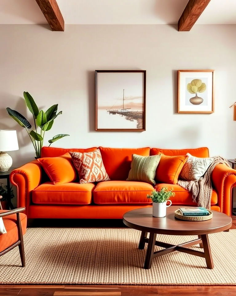 modern burnt orange sofa - 30 Orange Room Ideas