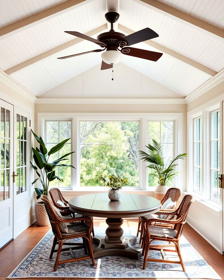 modern ceiling fan for comfort - 25 Sunroom Dining Room Ideas