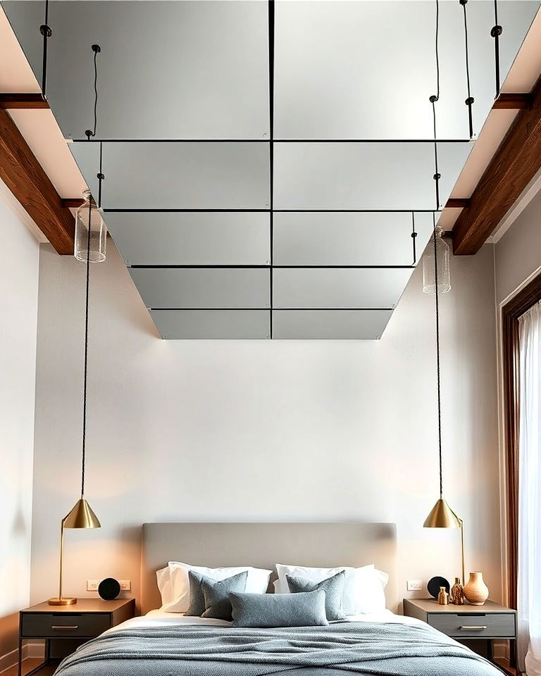 modern ceiling mirror with suspended panels - 20 Mirror on Ceiling Above Bed Ideas
