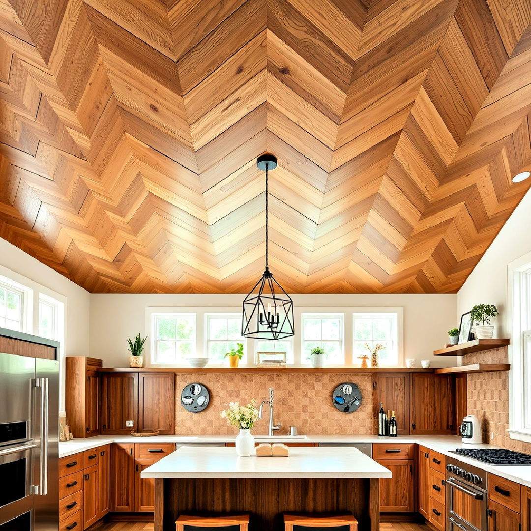 modern chevron pattern wood ceiling - 15 Wood Ceiling Kitchen Ideas