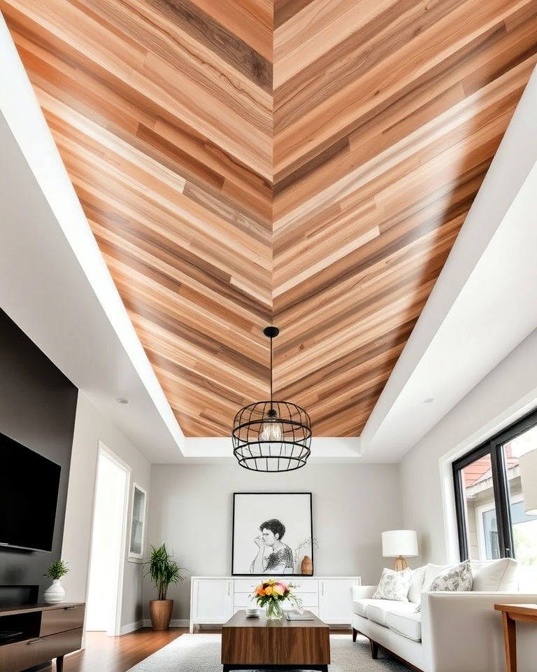 modern chevron patterned ceiling panels - 20 Tongue and Groove Ceiling Ideas