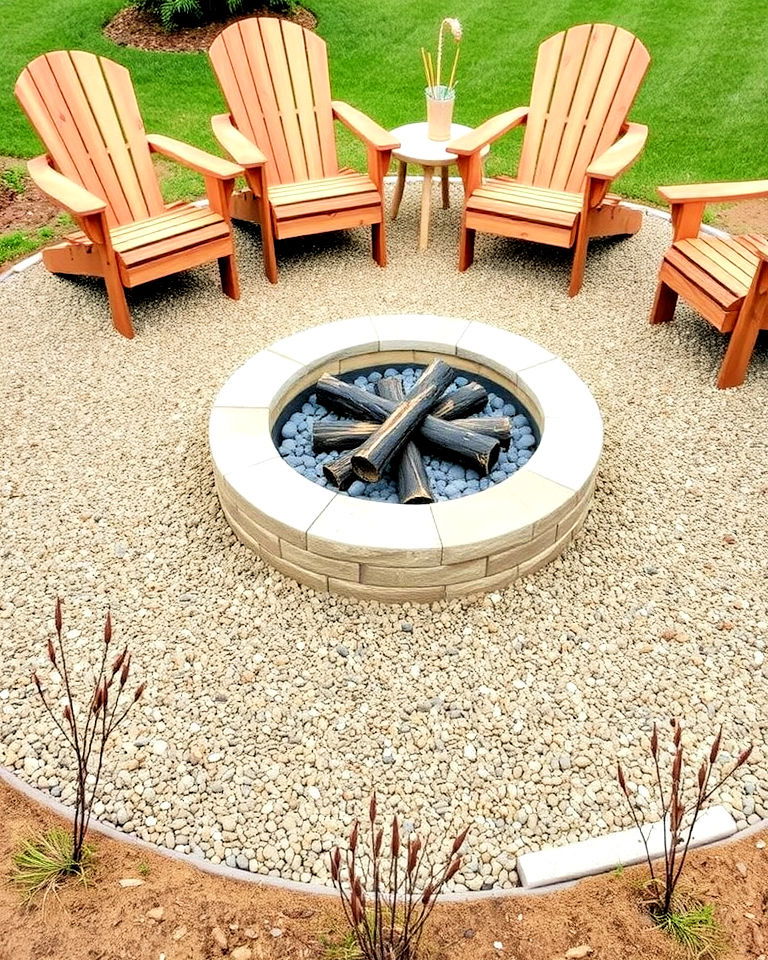 modern circular fire pit with gravel border - 20 Front Yard Fire Pit Ideas