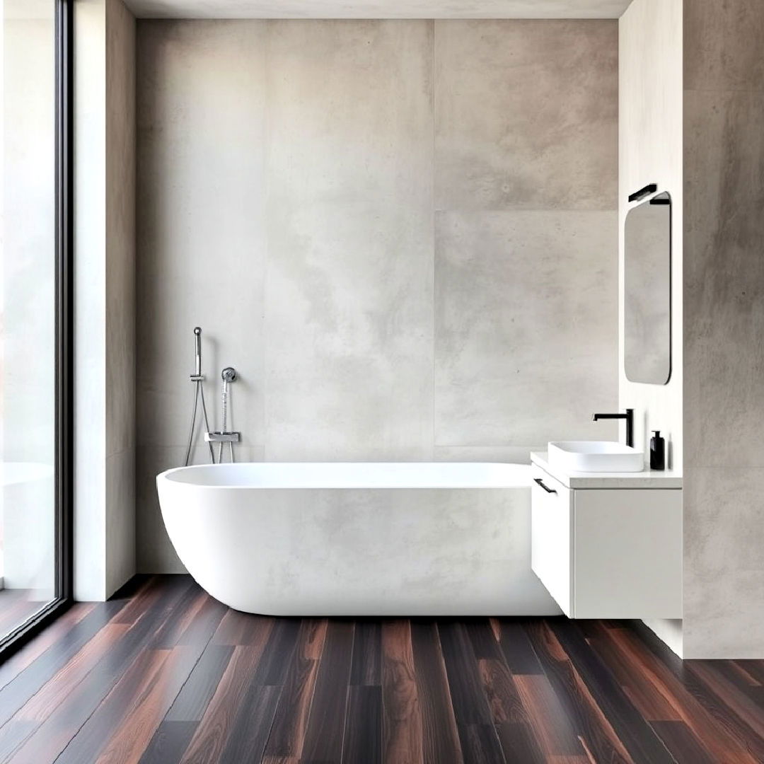 modern concrete and dark wood combination - 25 Dark Wood Floor Bathroom Ideas
