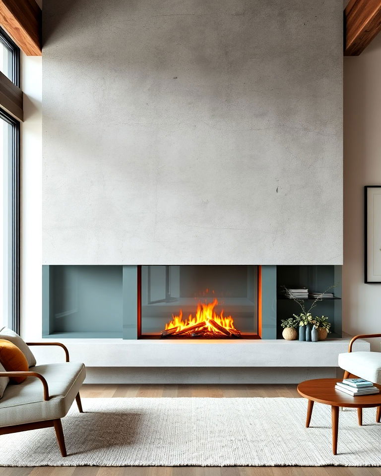 modern concrete and glass fireplace - 20 Scandinavian Fireplace Ideas