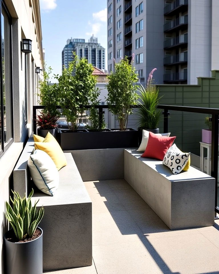 modern concrete benches with cushions - 25 Balcony Seating Ideas