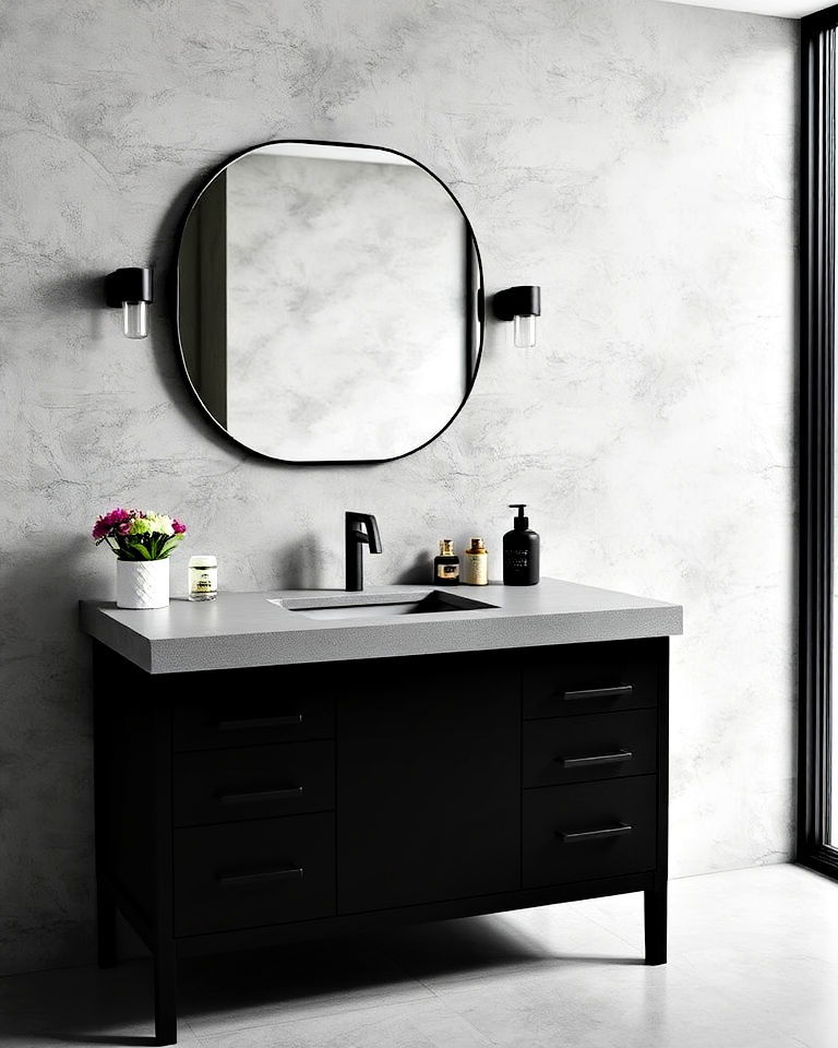 modern concrete countertop for black vanity - 20 Black Vanity Bathroom Ideas