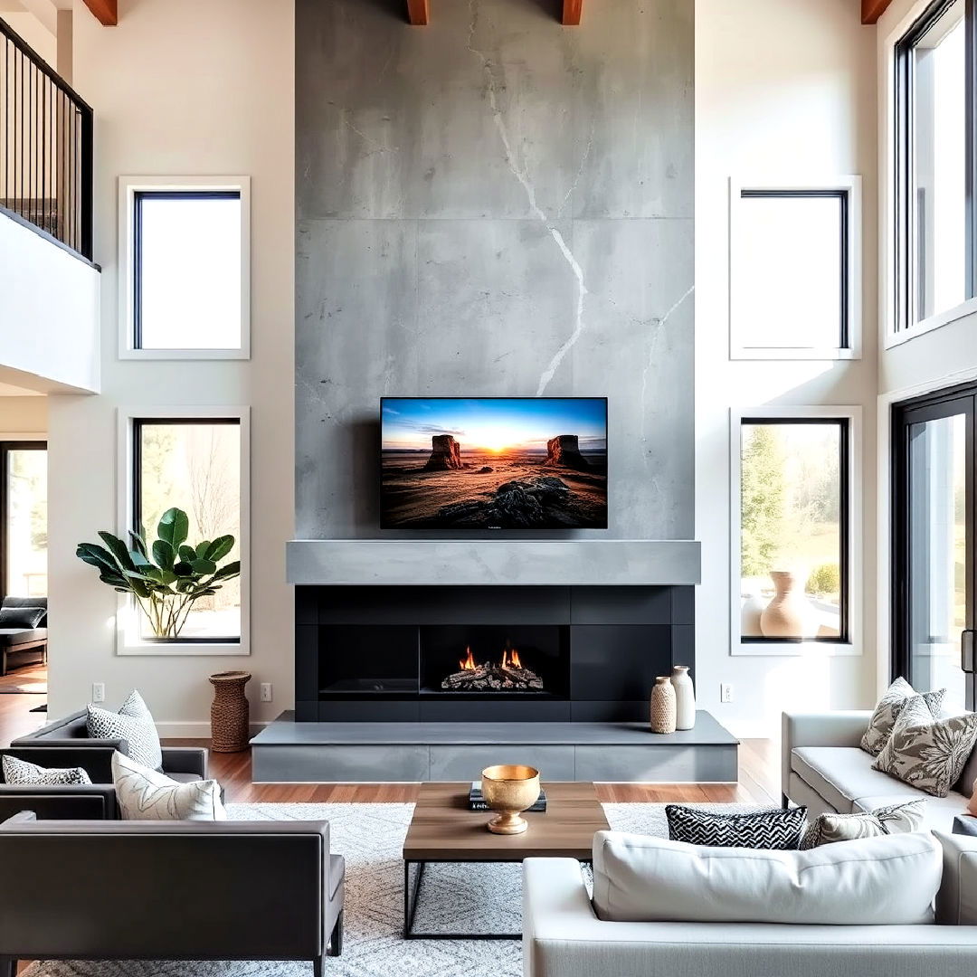 modern concrete two story fireplace - 25 Two-story Fireplace Ideas
