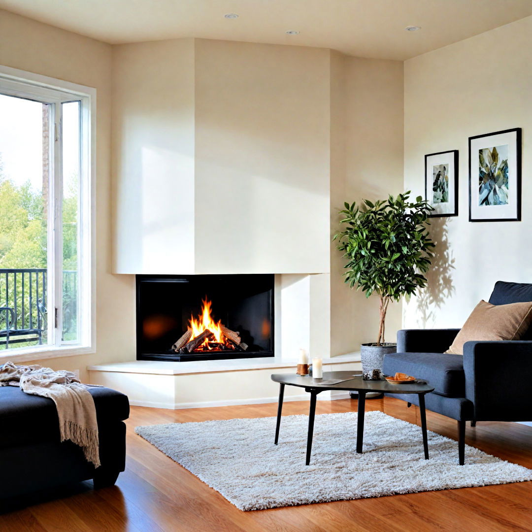 modern corner fireplace with clean lines - 25 Corner Fireplace Ideas