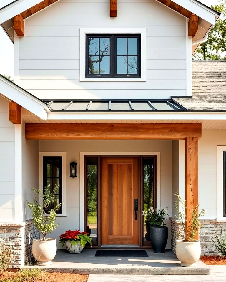 modern cottage with neutral tones and wooden accents - 25 Modern Cottage House Exterior Ideas