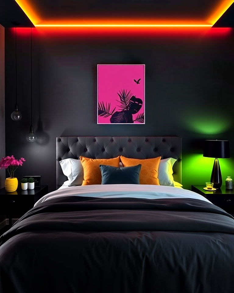 modern dark grey and neon accents - 30 Dark Grey Bedroom Ideas