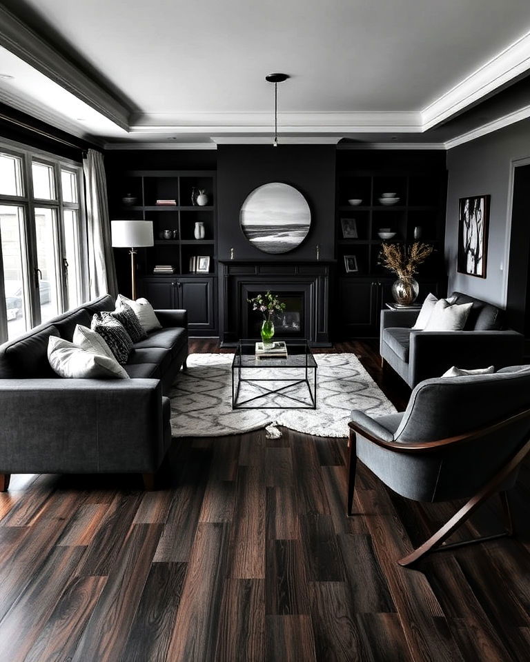 modern dark grey furniture with dark wood floor - 20 Grey Living Room With Dark Wood Floors