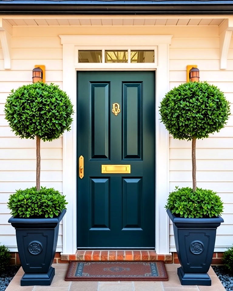 modern dark teal door with gold hardware - 25 Cottage Front Door Ideas