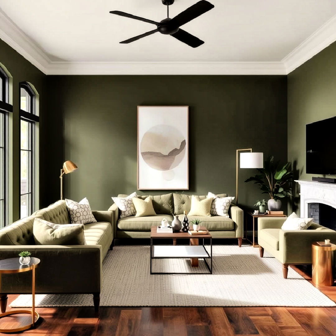 modern earthy olive green harmony - 25 Monochromatic Living Room Ideas