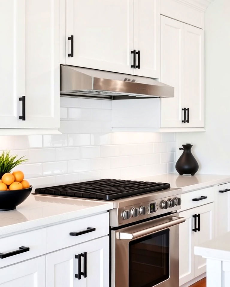 modern edge matte black hardware - 25 White Kitchen with Stainless Steel Appliances Ideas