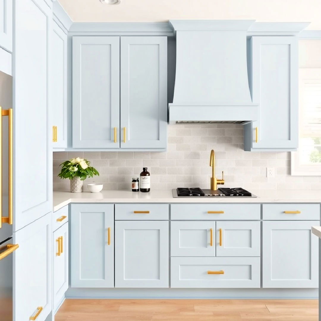 modern eggshell blue cabinets with sleek gold pulls - 30 Blue Kitchen Cabinets With Gold Hardware