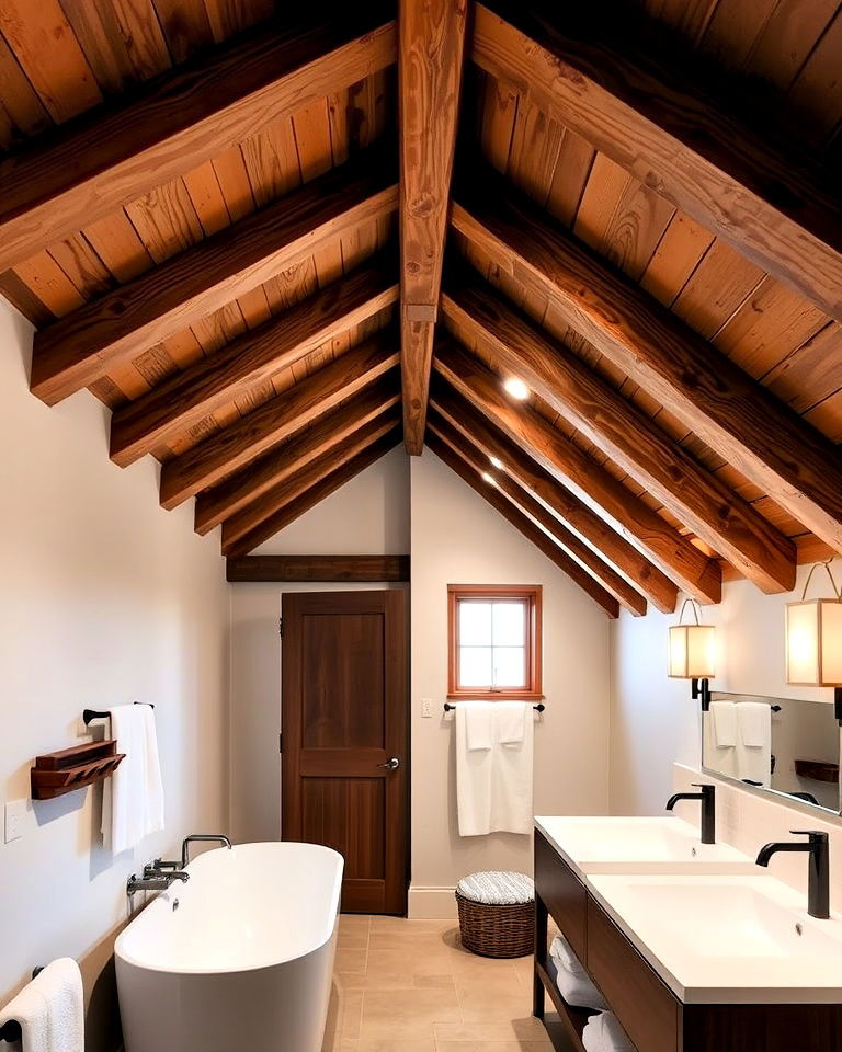 modern exposed beam design - 15 Sloped Ceiling Attic Bathroom Ideas