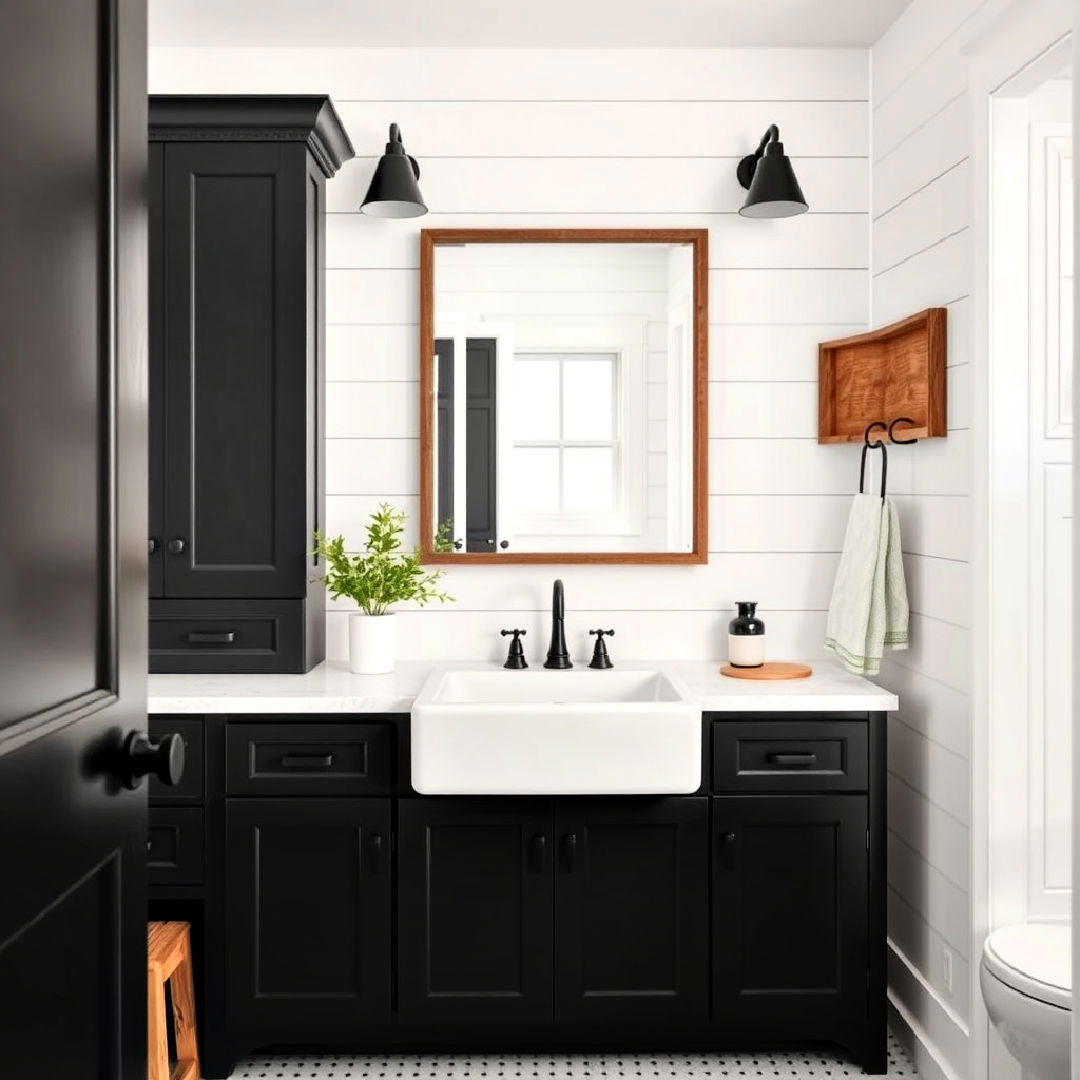 modern farmhouse charm with black cabinets - 25 Bathroom With Black Cabinets Ideas