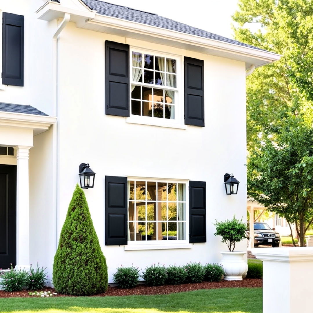 modern farmhouse exterior with black shutters and white walls - 40 Black Modern Farmhouse Exterior Design Ideas
