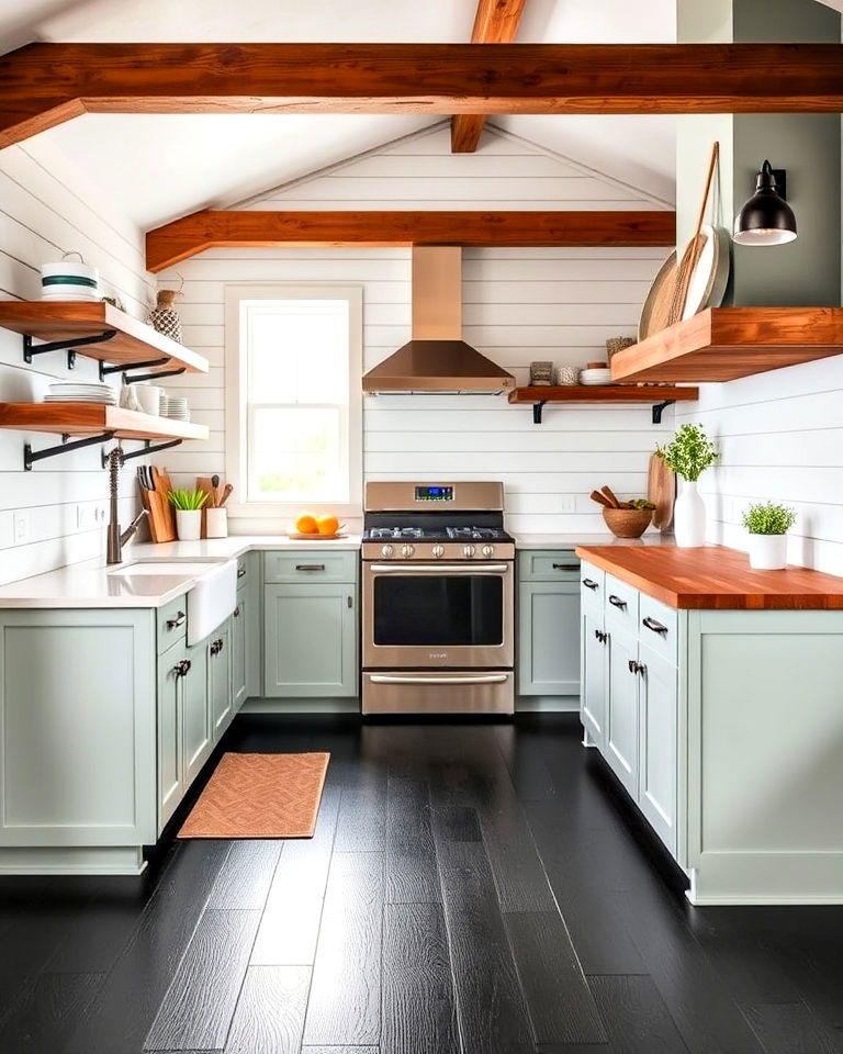 modern farmhouse kitchen with black laminate flooring - 20 Black Floor Kitchen Ideas