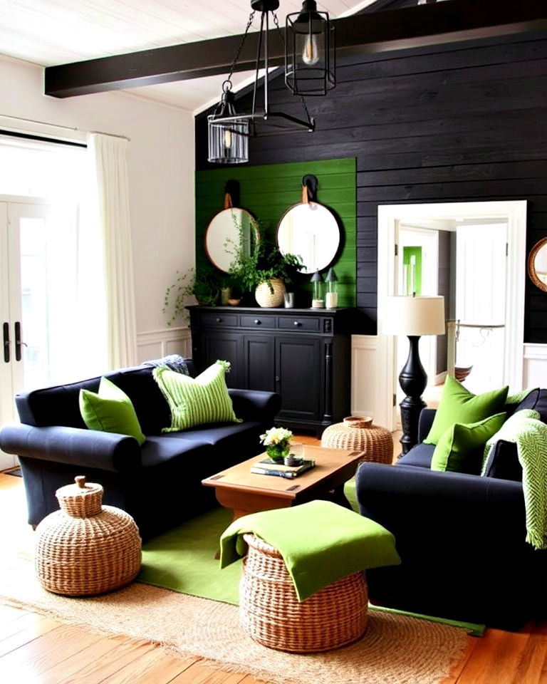 modern farmhouse style black and green living room - 30 Black and Green Living Room Ideas