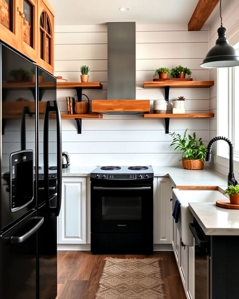 modern farmhouse white kitchen with black appliances - 25 White Kitchen with Black Appliances Ideas