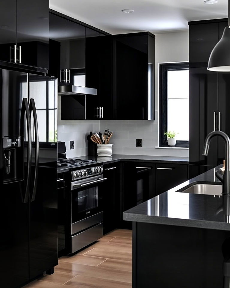 modern feel high gloss black cabinets - 20 What Color Cabinets Go With Black Appliances