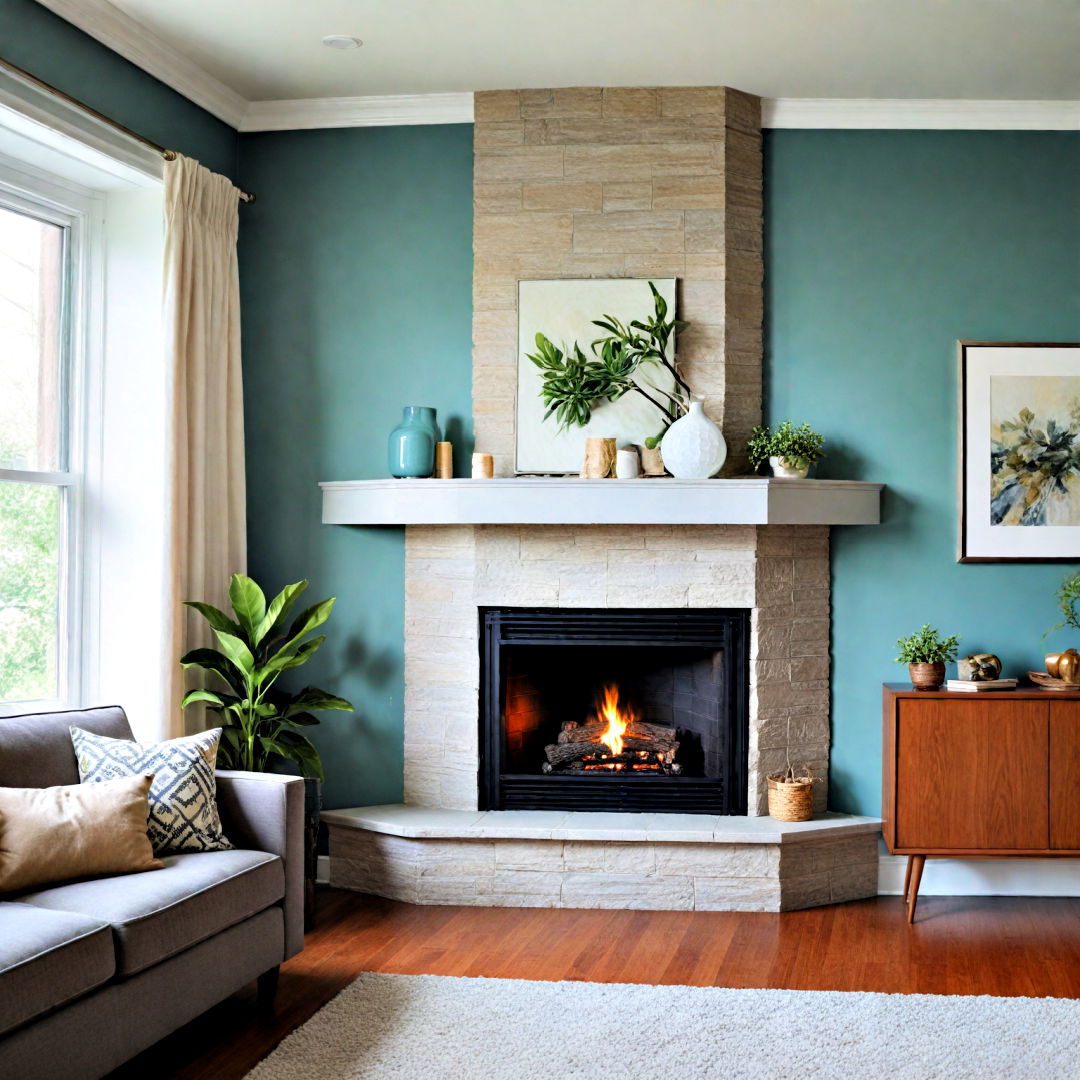modern fireplace with floating mantel - 25 Corner Fireplace Ideas