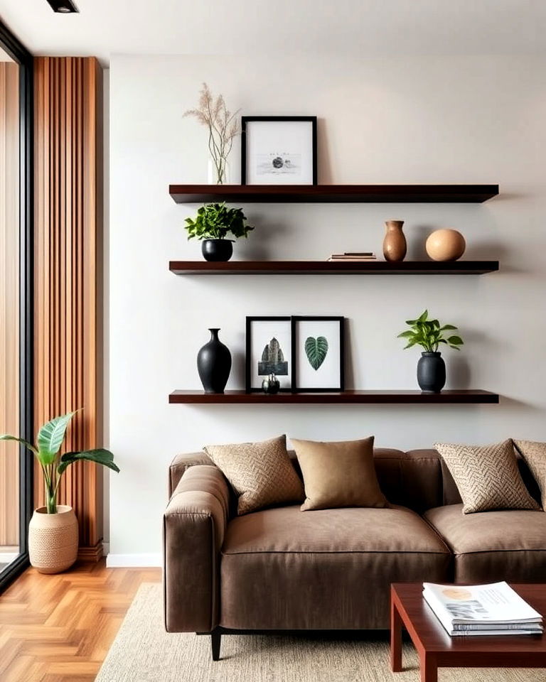 modern floating shelves - 25 Asian Living Room Ideas