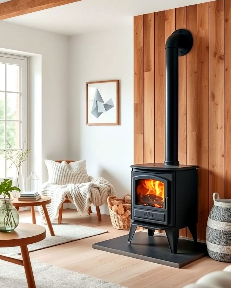 modern freestanding cast iron stove - 20 Scandinavian Fireplace Ideas