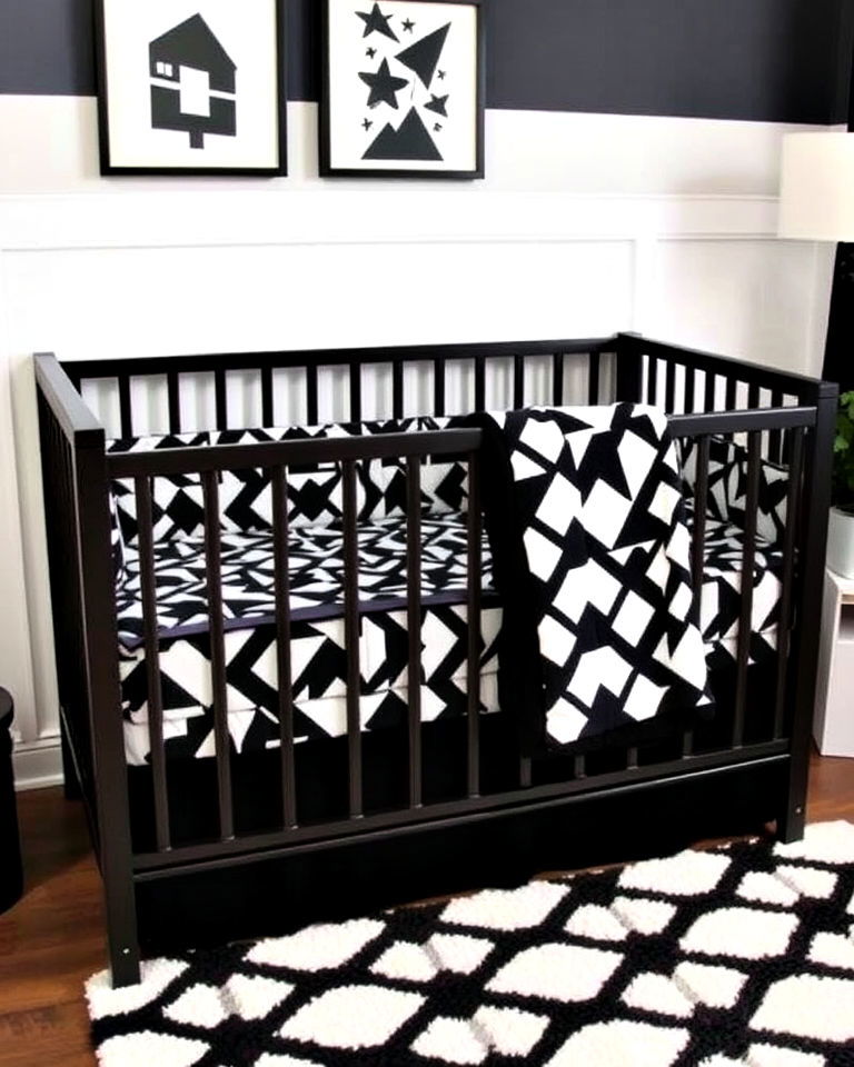 modern geometric black and white bedding - 25 Black Nursery Ideas