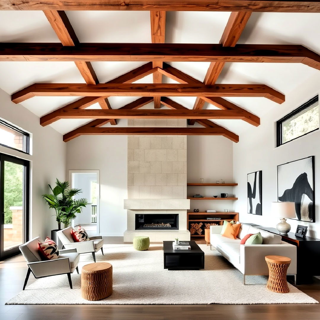 modern geometric exposed beam patterns - 25 Exposed Beam Living Room Ideas
