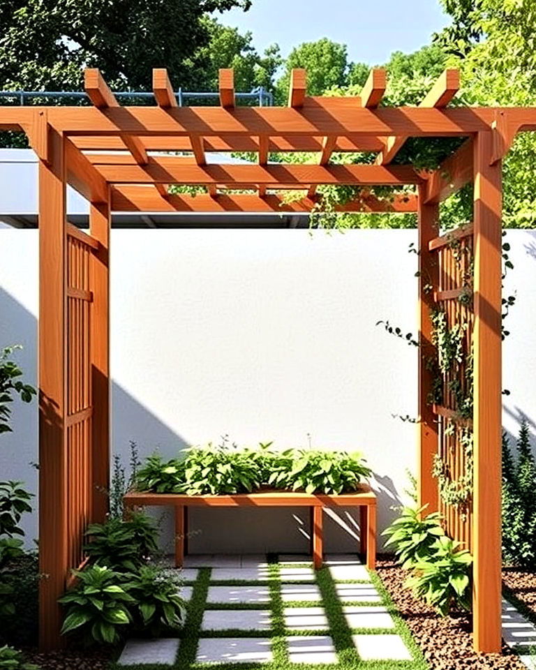 modern geometric wooden slat arbor - 40 Garden Arbor Ideas