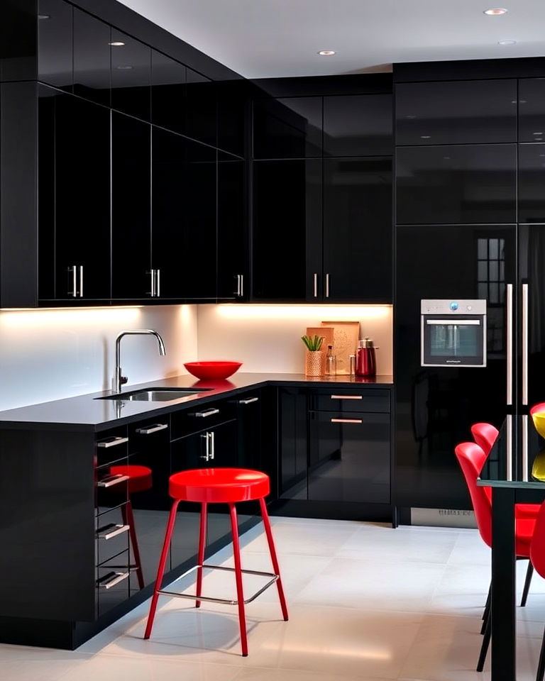 modern glossy black cabinets with red accents - 25 Red and Black Kitchen Ideas