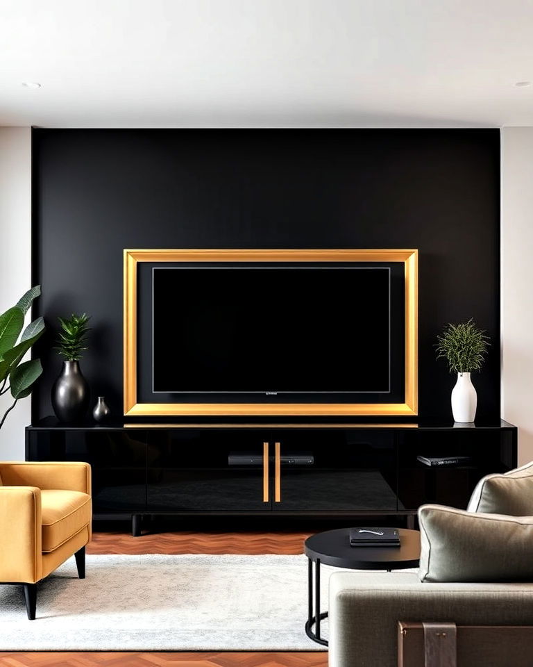 modern gold framed tv with black surround - 40 Black and Gold Living Room Ideas