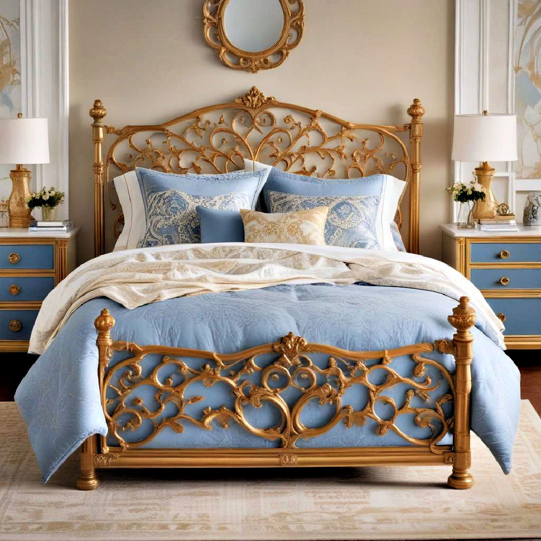 modern golden bed frame - 20 Blue and Gold Bedroom Ideas