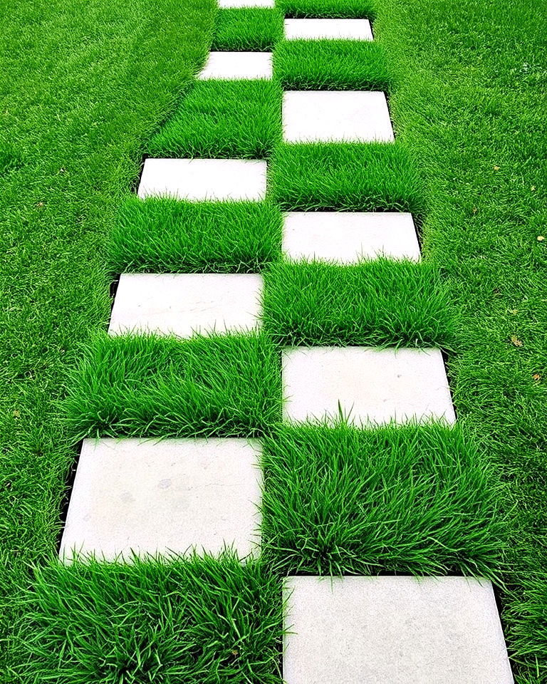 modern grass and stone checkerboard path - 30 Garden Path Ideas