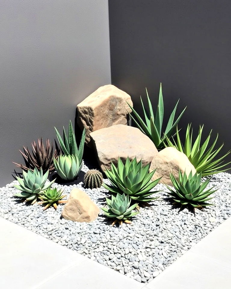 modern gravel and succulent landscape - 30 Corner Landscaping Ideas